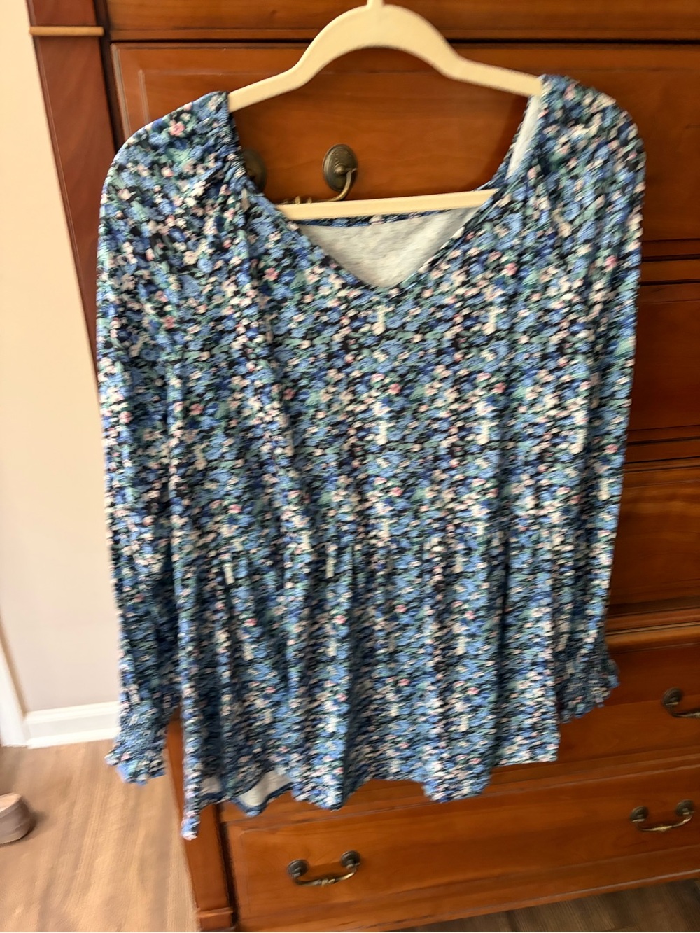 Amazon Blue Floral V-Neck Long Sleeve Blouse with Pink Accents